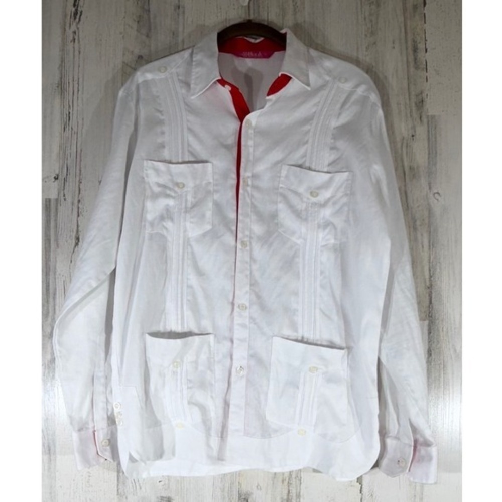 Buuk Mens 100% Linen Guayabera Shirt Size Medium White Red Contrast Long Sleeve